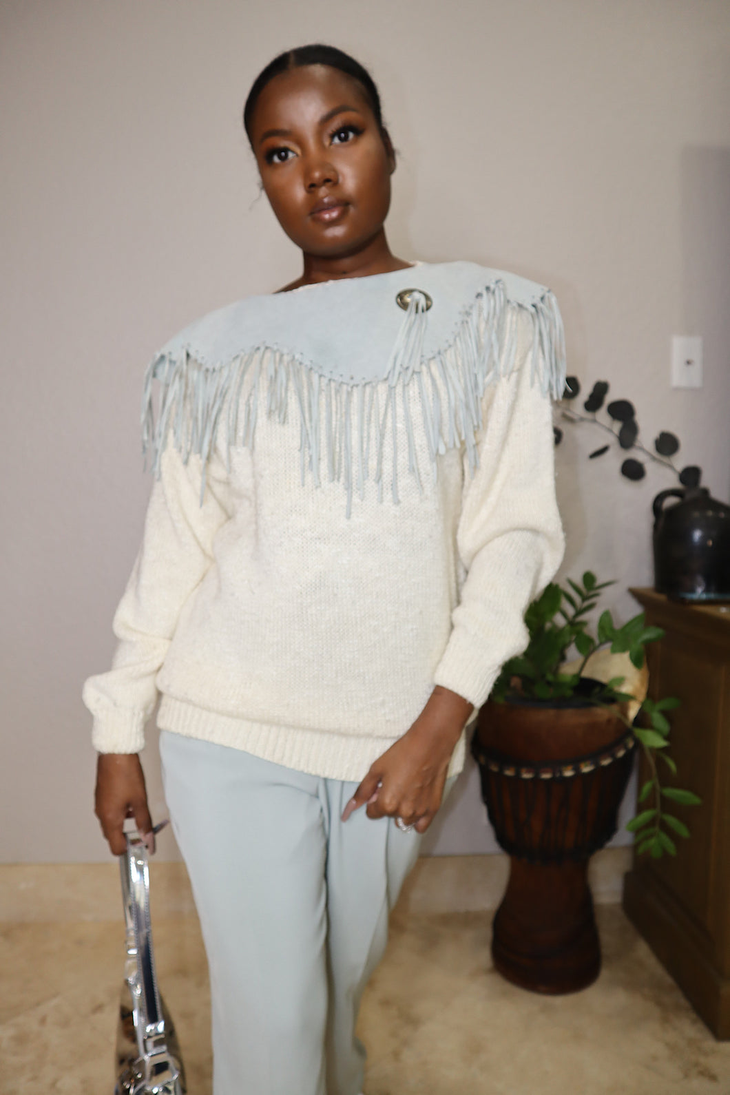 Grey/Cream Fringe Sweater